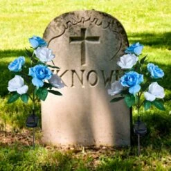 New Designed Blue & White 6 Flowers] Solar Powered Decorative Garden Lights, Waterproof Outdoor Rose Artificial Flowers For Cemetery Decorations For Grave Memorial Day Mother Day Christmas Yard Path -Xmas Lighting Shop 71vDmv3a2ML. AC SL1500