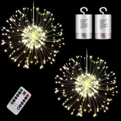 2Pack Firework Lights 200Led Silver Wire Starburst Lights 8 Modes Battery Operated Fairy Lights With Remote, Wedding Christmas Decorative Hanging Lights For Party Patio Garden Decoration (warm White)