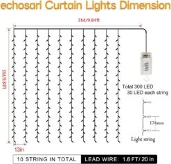 Echosari 300 LED Curtain Lights Battery Operated, 9.8ft×9.8ft Hanging Lights With Remote Timer Outdoor Curtain Window Lights For Bedroom Patio Wedding Backdrop Christmas Party Decór (Warm White) -Xmas Lighting Shop 71xwjytxhtL. AC SL1500