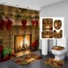 Apqdw Christmas Fireplace Shower Curtain Set For Bathroom, Christmas Bathroom Sets With Shower Curtain And Rugs, Farmhouse Christmas Eve Stocking Shower Curtain Set
