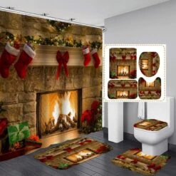 Apqdw Christmas Fireplace Shower Curtain Set For Bathroom, Christmas Bathroom Sets With Shower Curtain And Rugs, Farmhouse Christmas Eve Stocking Shower Curtain Set