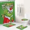 Merry Christmas Bathroom 4-Piece Set, Shower Curtain, Non-Slip Rug, Toilet Seat Cover And Bath Mat Grinch Christmas Holiday Bathroom Decor With Hooks 72 X 72 Inches (Bathroom Set 1)