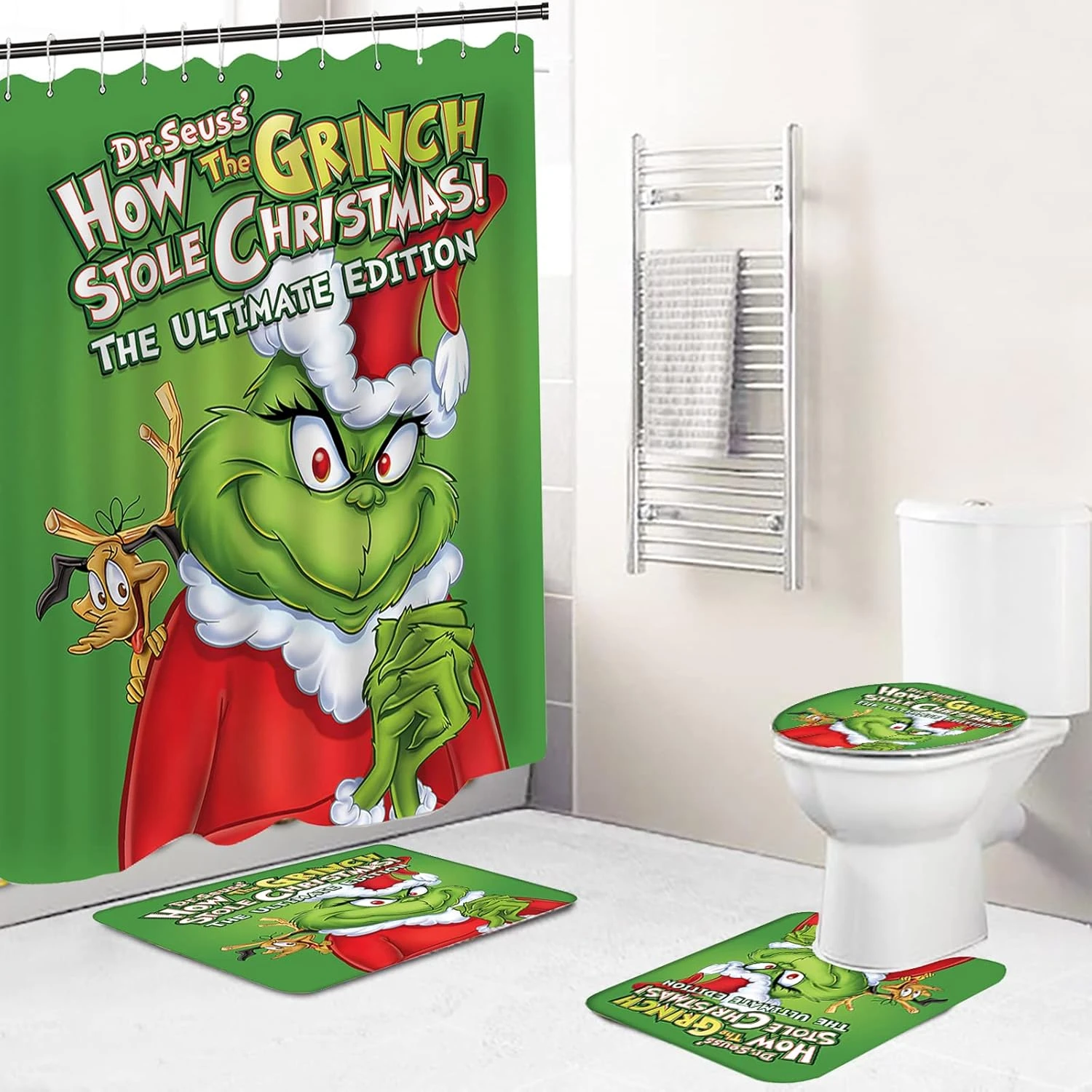 Merry Christmas Bathroom 4-Piece Set, Shower Curtain, Non-Slip Rug, Toilet Seat Cover And Bath Mat Grinch Christmas Holiday Bathroom Decor With Hooks 72 X 72 Inches (Bathroom Set 1) 1 Merry Christmas Bathroom 4-Piece Set, Shower Curtain, Non-Slip Rug, Toilet Seat Cover And Bath Mat Grinch Christmas Holiday Bathroom Decor With Hooks 72 X 72 Inches (Bathroom Set 1)