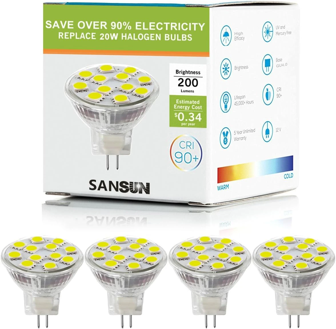 SANSUN 2.4W LED MR11 Light Bulbs, 12v 20w Halogen Replacement, Fiber Optics Christmas Tree Bulb, G4/GU4/GZ4 Bi-Pin Base, Daylight White 4000K, Non-Dimmable, (Pack Of 4) 6 SANSUN 2.4W LED MR11 Light Bulbs, 12v 20w Halogen Replacement, Fiber Optics Christmas Tree Bulb, G4/GU4/GZ4 Bi-Pin Base, Daylight White 4000K, Non-Dimmable, (Pack Of 4) - Image 6