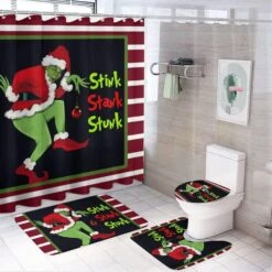 LAYINUSG 4Pcs Merry Christmas Shower Curtain Set With Non-Slip Rugs, Toilet Lid Cover And Bath Mat, Xmas Winter Holiday Bathroom Decor With Hooks 72 X 72 Inches