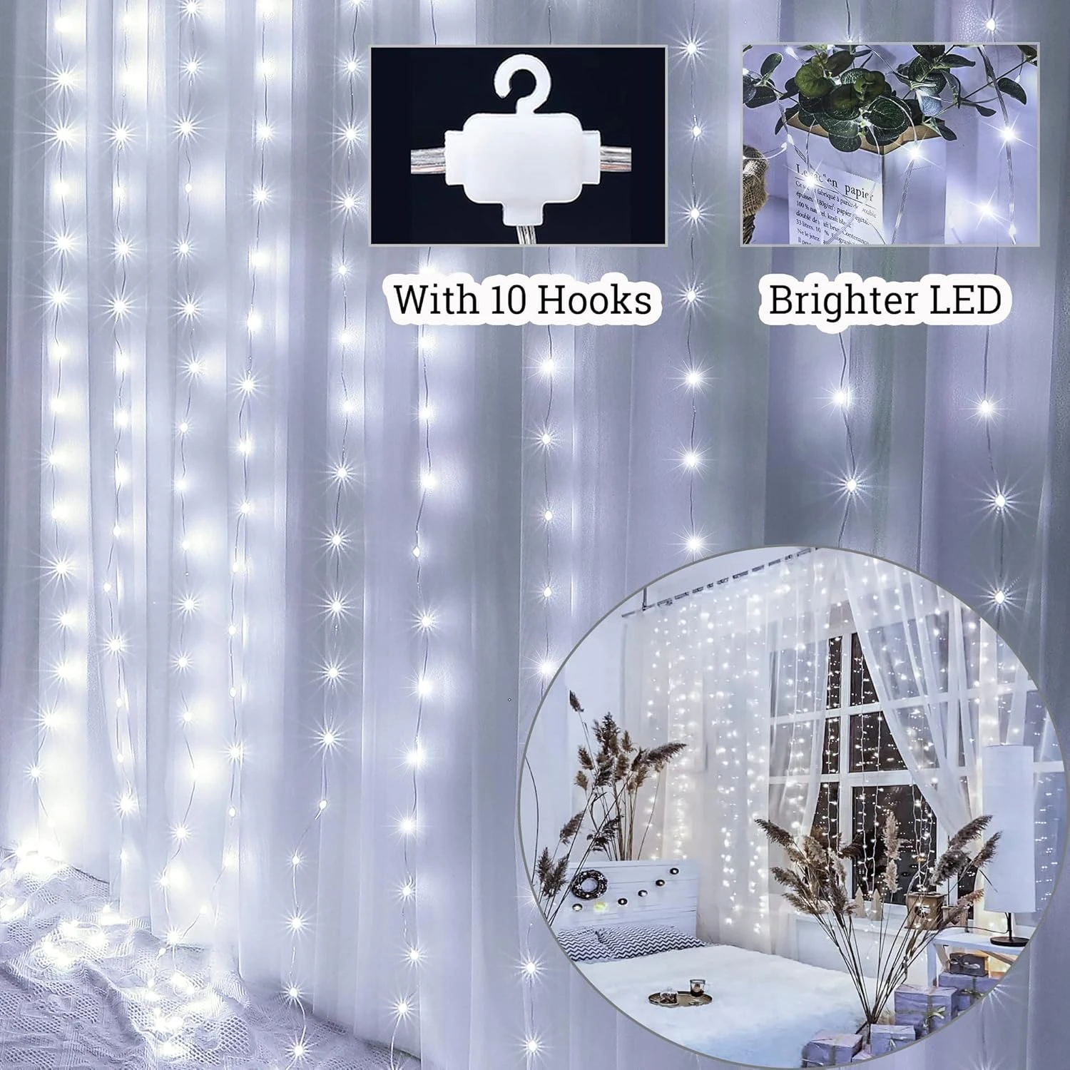 Hopolon Curtain String Lights With Remote,300LED 8 Modes 9.8ftx9.8ft 4.5V USB Powered Curtain Lights For Home Wedding Christmas Party Family Patio Garden Bedroom Outdoor Indoor Wall Decor(Cool White) 2 Hopolon Curtain String Lights With Remote,300LED 8 Modes 9.8ftx9.8ft 4.5V USB Powered Curtain Lights For Home Wedding Christmas Party Family Patio Garden Bedroom Outdoor Indoor Wall Decor(Cool White) - Image 2