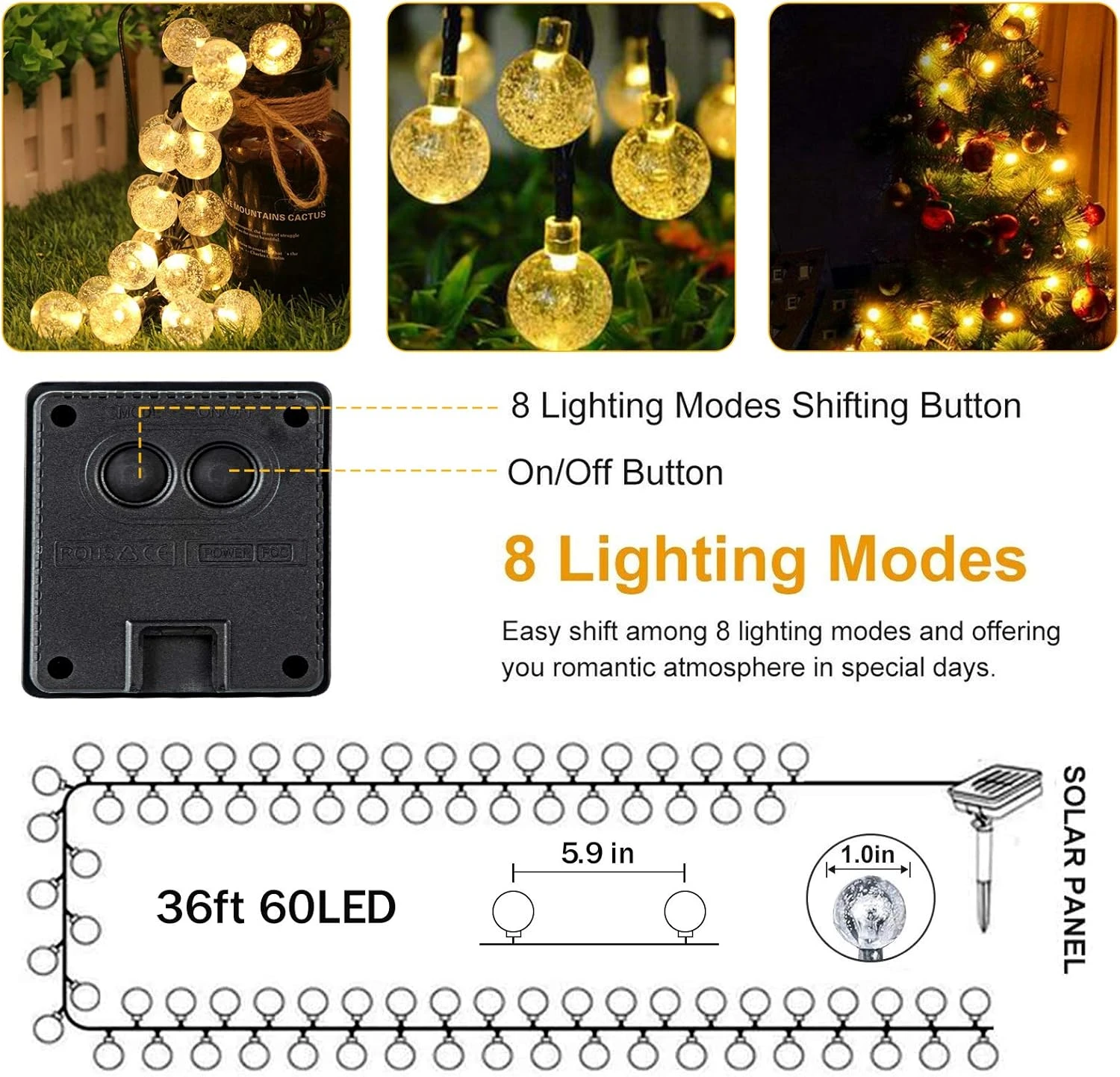 LICKLIP Solar String Lights, 36ft 60 LED (Φ1.0 Inch) Outdoor Globe Bulb String Lights, Waterproof 8 Modes Solar Patio Lights For Christmas, Patio, Garden, Gazebo, Yard, Outdoors, Wedding (Warm White) 6 LICKLIP Solar String Lights, 36ft 60 LED (Φ1.0 Inch) Outdoor Globe Bulb String Lights, Waterproof 8 Modes Solar Patio Lights For Christmas, Patio, Garden, Gazebo, Yard, Outdoors, Wedding (Warm White) - Image 6