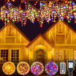 Ollny Icicle Christmas Lights Outdoor 306LED 25FT-Color Changing Icicle Lights With Remote 11Modes Connectable Timers Waterproof Plug In, For House Outside Indoor Yard Patio, Warm White To Multicolor