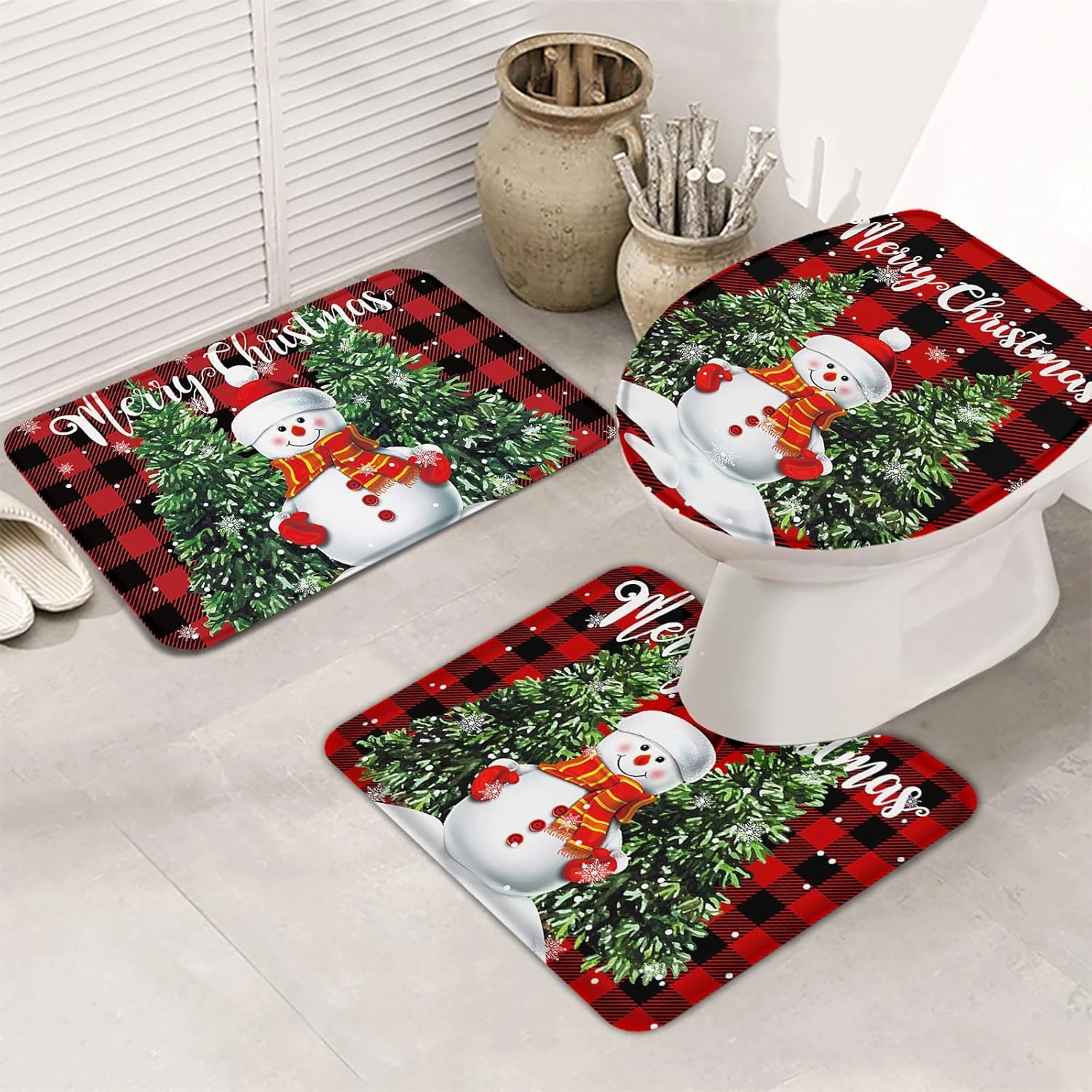 Christmas Snowman 3 Piece Bath Rugs Sets Snowman With Xmas Tree Bathroom Mats Set Non Slip Water Absorbent U-Shaped Contour Toilet Mat Red Buffalo Plaid Check Toilet Lid Cover 2 Christmas Snowman 3 Piece Bath Rugs Sets Snowman With Xmas Tree Bathroom Mats Set Non Slip Water Absorbent U-Shaped Contour Toilet Mat Red Buffalo Plaid Check Toilet Lid Cover - Image 2