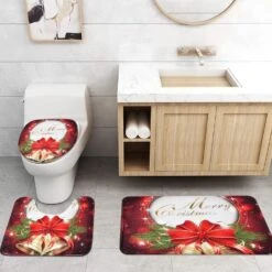 Claswcalor 4 Pcs Merry Christmas Shower Curtain Sets With Non-Slip Rugs, Toilet Lid Cover And Bath Mat, Red Bell Bow Shower Curtains With 12 Hooks For Bathroom Christmas Decoration -Xmas Lighting Shop 8111LhYlhtL. AC SL1500