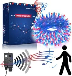 DOTWAYAW 82Ft 200 LEDs String Lights With Music Infrared Motion Sensor Controller, Red White Blue Christmas Lights White Wire Twinkle Waterproof For Indoor Outdoor Tree Party Yard