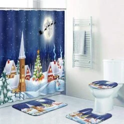 ArtSocket 4 Pcs Shower Curtain Set House Snowy Christmas Landscape Night With Non-Slip Rugs Toilet Lid Cover And Bath Mat Bathroom Decor Set 72" X 72" -Xmas Lighting Shop 811rozlum6L. AC SL1500