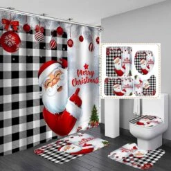 Dia Magico 4PCS Merry Christmas Shower Curtain Set, Santa Claus Xmas Balls Black White Buffalo Plaid Snowflake Holiday Country Rustic Farmhouse Bathroom Decor, Fabric Shower Curtain, Non-slip Bath Mat