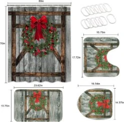 Likiyol 4 Pcs Christmas Wooden Door Shower Curtain Sets With Non-Slip Rugs, Toilet Lid Cover, Bath Mat And 12 Hooks, Christmas Bow Knot With Pine Cone Shower Curtain Christmas Bathroom Set -Xmas Lighting Shop 814XL1PQmBL. AC SL1500