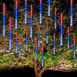 FUNPENY 4th Of July Lights, 288 LED Red White And Blue Meteor Shower Rain Lights, Independence Day Decorations 30cm 8 Tubes Outdoor Christmas Lights Xmas Tree Holiday Decor
