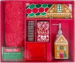 Indecor Home 17-Piece Ceramic Bathroom Accessory Set With Shower Curtain, 12 Hooks, Soap Pump, Toothbrush Holder, Soap Dish And Bath Rug Box Gift Set For Christmas Xmas (Gingerbread House) -Xmas Lighting Shop 8182DGIUi2L. AC SL1500