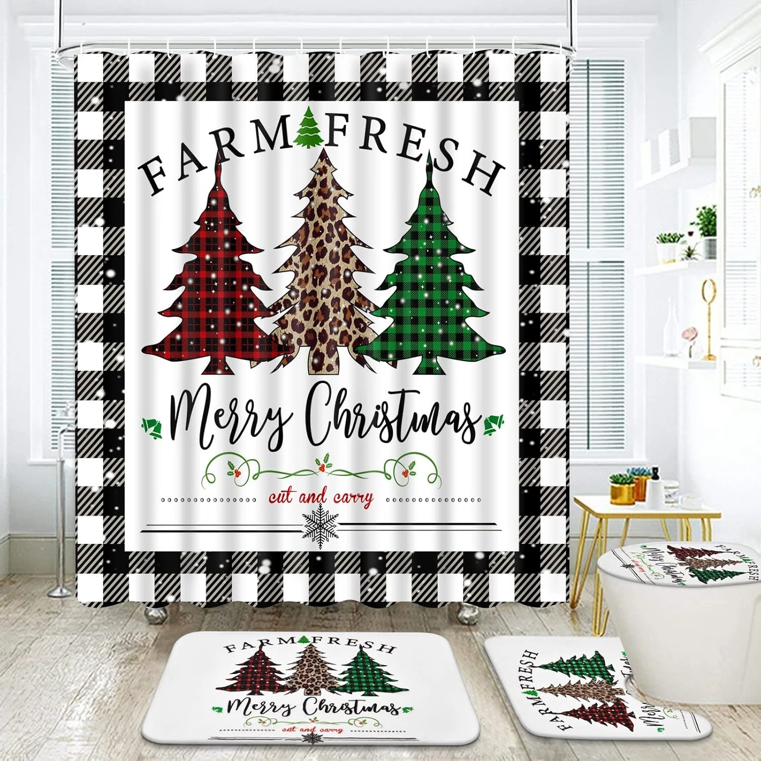 Likiyol 4 Pcs Merry Christmas Shower Curtain Sets With Non-Slip Rugs, Toilet Lid Cover And Bath Mat, Buffalo Plaid Shower Curtain With 12 Hooks, Winter Holiday Tree Shower Curtain 2 Likiyol 4 Pcs Merry Christmas Shower Curtain Sets With Non-Slip Rugs, Toilet Lid Cover And Bath Mat, Buffalo Plaid Shower Curtain With 12 Hooks, Winter Holiday Tree Shower Curtain - Image 2
