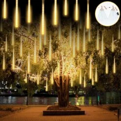 2-Pack Extendable Meteor Shower Christmas Lights Outdoor, Waterproof 16 Tubes 384 LEDs Outdoor Tree Lights For Christmas Decorations Outdoor Backyard Decor Garden Patio Xmas Decor (Warm White)