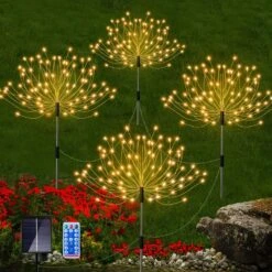 Solar Lights Outdoor Garden 4 Pack, 120 LED Christmas DIY Firework Lights With 8 Lighting Modes, IP65 Waterproof Solar Outdoor Lights Decorative, Solar Pathway Lights With Remote For Garden Yard(Warm)