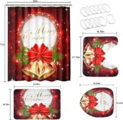 Claswcalor 4 Pcs Merry Christmas Shower Curtain Sets With Non-Slip Rugs, Toilet Lid Cover And Bath Mat, Red Bell Bow Shower Curtains With 12 Hooks For Bathroom Christmas Decoration -Xmas Lighting Shop 81Ae1x5oDL. AC SL1500