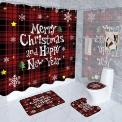 4 Pcs Christmas Red Buffalo Plaid Shower Curtain Set With Rugs, Toilet Lid Cover Bath Mat ,Christmas Shower Curtain With 12 Hooks,65 X 70 Inches Waterproof Christmas Shower Curtain For Bathroom Set