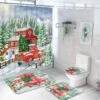 Alishomtll 4 Pcs Christmas Shower Curtain Sets With Non-Slip Rugs, Toilet Lid Cover, Bath Mat And 12 Hooks, Xmas Red Truck Shower Curtain For Christmas Bathroom Decoration Sets