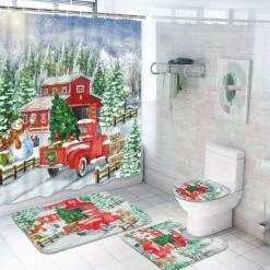 Alishomtll 4 Pcs Christmas Shower Curtain Sets With Non-Slip Rugs, Toilet Lid Cover, Bath Mat And 12 Hooks, Xmas Red Truck Shower Curtain For Christmas Bathroom Decoration Sets