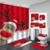 Merry Christmas Shower Curtain Sets For Bathroom, 4Pcs Xmas Shower Curtain/Non-Slip Bathroom Rugs/Lid Toilet Cover/Bath Mat, Funny Santa Claus Elk Snowman Bell Car Carpet Decor(Happy Elk)