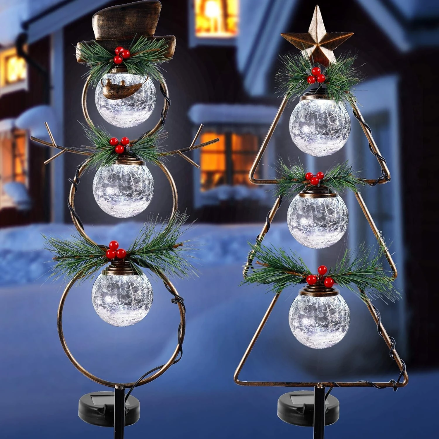 MAGGIFT Christmas Outdoor Solar Stake Lights, 42.5 Inch Solar Powered Yard Decorations, Glass Globe Cool White LED Xmas Pathway Lights, Metal Snowman & Tree Garden Stakes Lawn Ornament, Set Of 2 6 MAGGIFT Christmas Outdoor Solar Stake Lights, 42.5 Inch Solar Powered Yard Decorations, Glass Globe Cool White LED Xmas Pathway Lights, Metal Snowman & Tree Garden Stakes Lawn Ornament, Set Of 2 - Image 6