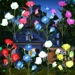 BBTO 8 Pieces Solar Flowers Lights Solar Rose Lights Waterproof Outdoor Garden 6 Colors Solar Pathway Lights With Stake For Yard Walkway Patio Lawn Walkway Christmas Party Decorations