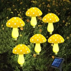 HULPPRE Upgraded Set Of 6pcs (Brighter) 8 Modes 14.7ft Yellow Mushroom Solar Lights Solar Pathway Lights Outdoor Decoration Fairy Solar String Light For Garden,Backyard,Lawn,Party,Christmas