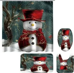 Jieprom 4PCS Christmas Snowman Shower Curtain Set With Non-Slip Rugs, Toilet Lid Cover And Bath Mat, Shower Curtain With 12 Hooks, Durable Waterproof Christmas Bathroom Decor Set -Xmas Lighting Shop 81GauO64hiL. AC SL1500