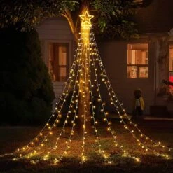 Bunny Chorus Christmas Decorations, 8 Modes 317 LED Outdoor Christmas Star Lights With 12" Topper Star, Waterfall Christmas Tree Lights For Christmas Décor, Holiday Decoration, Warm White