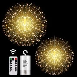 LIGHTNUM 2 Pack Firework Lights Outdoor LED Starburst Lights Battery Operated Copper Wire 8 Mode Dimmable Lights With Romote Control Starburst Christmas Lights For Home, Patio, Indoor (Warm White)