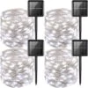 YEGUO Solar Christmas Lights Outdoor Waterproof, 4 Pack Each 33ft 100 LED Solar String Lights White, 8 Modes Silver Wire Solar Fairy Camping Lights For Trampoline Deck Pool Fence Garden Yard Xmas Tree