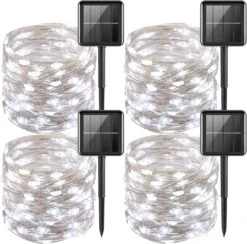 YEGUO Solar Christmas Lights Outdoor Waterproof, 4 Pack Each 33ft 100 LED Solar String Lights White, 8 Modes Silver Wire Solar Fairy Camping Lights For Trampoline Deck Pool Fence Garden Yard Xmas Tree
