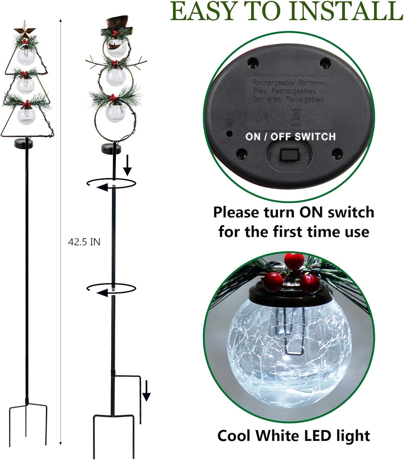 MAGGIFT Christmas Outdoor Solar Stake Lights, 42.5 Inch Solar Powered Yard Decorations, Glass Globe Cool White LED Xmas Pathway Lights, Metal Snowman & Tree Garden Stakes Lawn Ornament, Set Of 2 5 MAGGIFT Christmas Outdoor Solar Stake Lights, 42.5 Inch Solar Powered Yard Decorations, Glass Globe Cool White LED Xmas Pathway Lights, Metal Snowman & Tree Garden Stakes Lawn Ornament, Set Of 2 - Image 5