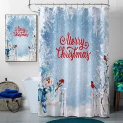 Merry Christmas 4 Pcs Bathroom Shower Curtain Set Retro Farmhouse Snowman Cute Birds Shower Curtain Sets With Rugs(Bath Mat,U Shape And Toilet Lid Cover Mat) And 12 Hooks 70.8×70.8 -Xmas Lighting Shop 81KIkcThWNL. AC SL1500