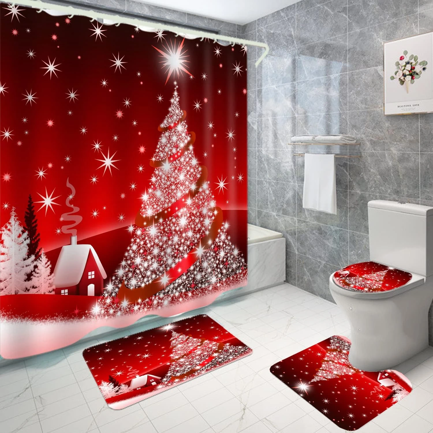 WODEJIA Shower Curtains With Bath Rugs Non-Slip Soft Toilet Lid Cover For Bathroom,Waterproof Home Tub Curtains Sets With Memory Foam Rugs,3D Print Durable Polyester Fabric Four-Piece Christmas 1 WODEJIA Shower Curtains With Bath Rugs Non-Slip Soft Toilet Lid Cover For Bathroom,Waterproof Home Tub Curtains Sets With Memory Foam Rugs,3D Print Durable Polyester Fabric Four-Piece Christmas