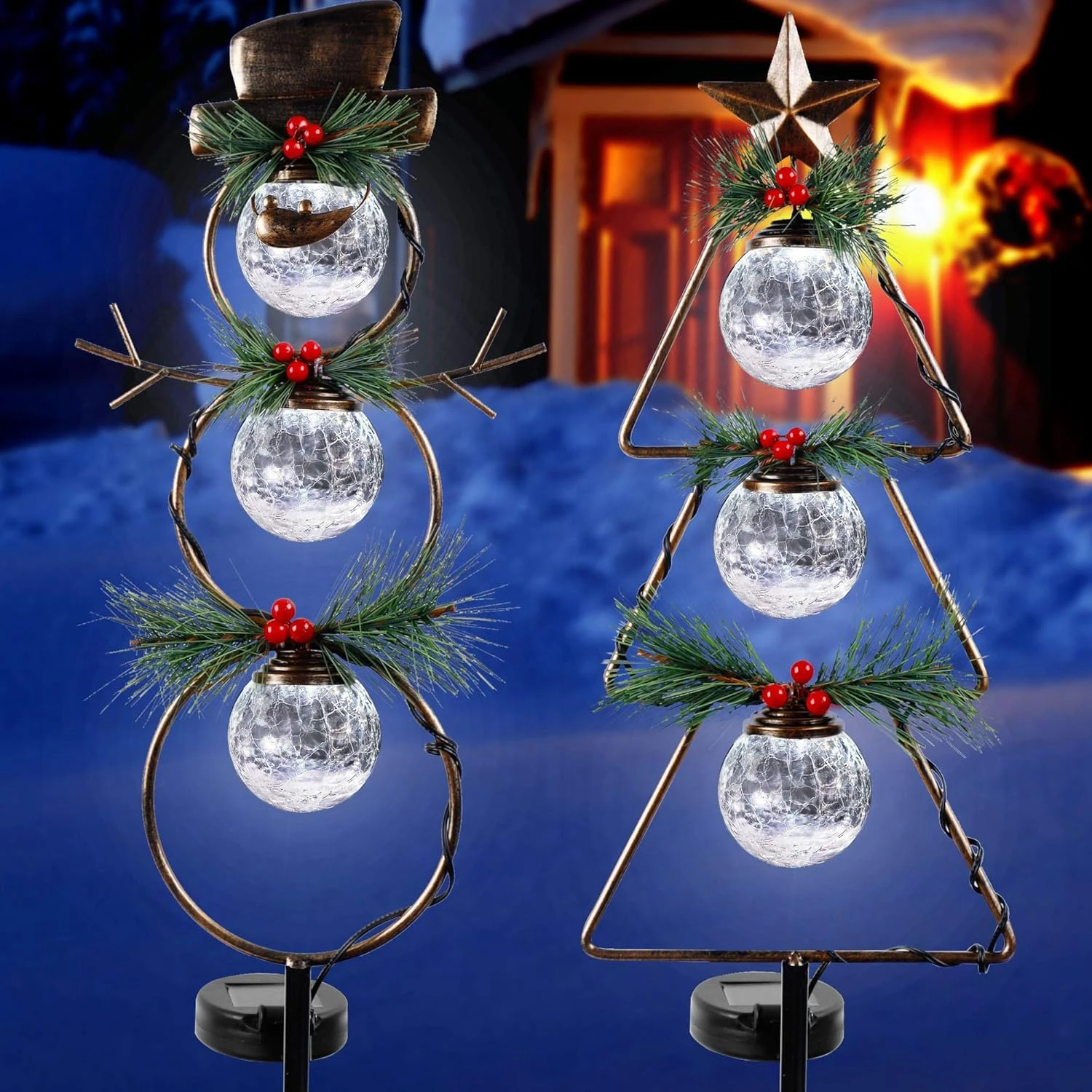 MAGGIFT Christmas Outdoor Solar Stake Lights, 42.5 Inch Solar Powered Yard Decorations, Glass Globe Cool White LED Xmas Pathway Lights, Metal Snowman & Tree Garden Stakes Lawn Ornament, Set Of 2 1 MAGGIFT Christmas Outdoor Solar Stake Lights, 42.5 Inch Solar Powered Yard Decorations, Glass Globe Cool White LED Xmas Pathway Lights, Metal Snowman & Tree Garden Stakes Lawn Ornament, Set Of 2