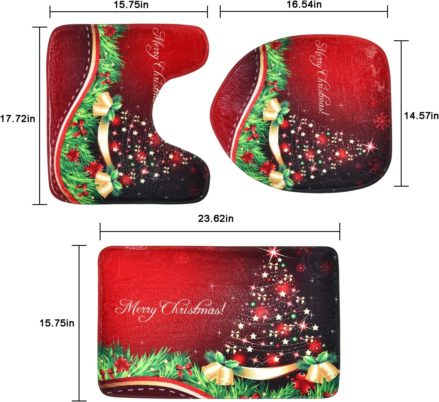 Uspring 4 Pcs Merry Christmas Shower Curtain Sets With Non-Slip Rugs, Bath Mat, Toilet Lid Cover And 12 Hooks, Xmas Tree Ball Snowflake Red Shower Curtain For Christmas Decoration 7 Uspring 4 Pcs Merry Christmas Shower Curtain Sets With Non-Slip Rugs, Bath Mat, Toilet Lid Cover And 12 Hooks, Xmas Tree Ball Snowflake Red Shower Curtain For Christmas Decoration - Image 7