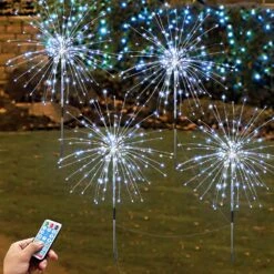 Dengduoduo Solar Garden Lights Firework Lights, 4 Pack 120 LED 8 Modes Solar Starburst Fairy Lights With Remote, Outdoor Waterproof Decorative Landscape Light For Garden Pathway Yard Christmas - White -Xmas Lighting Shop 81MEVtJHiqL. AC SL1500