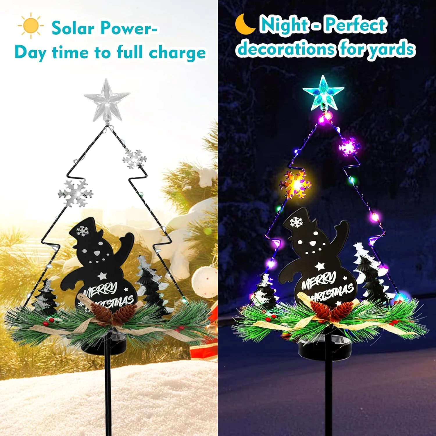 48 Inch Tall 20 LEDs Solar Garden Lights Tree Outdoor, 2 Pack Christmas Tree Lights Multi-Color Pine Lights For Garden Patio Pathway Lights Xmas Snowman Decors 2 Modes (Flicker Light & Constant) 3 48 Inch Tall 20 LEDs Solar Garden Lights Tree Outdoor, 2 Pack Christmas Tree Lights Multi-Color Pine Lights For Garden Patio Pathway Lights Xmas Snowman Decors 2 Modes (Flicker Light & Constant) - Image 3