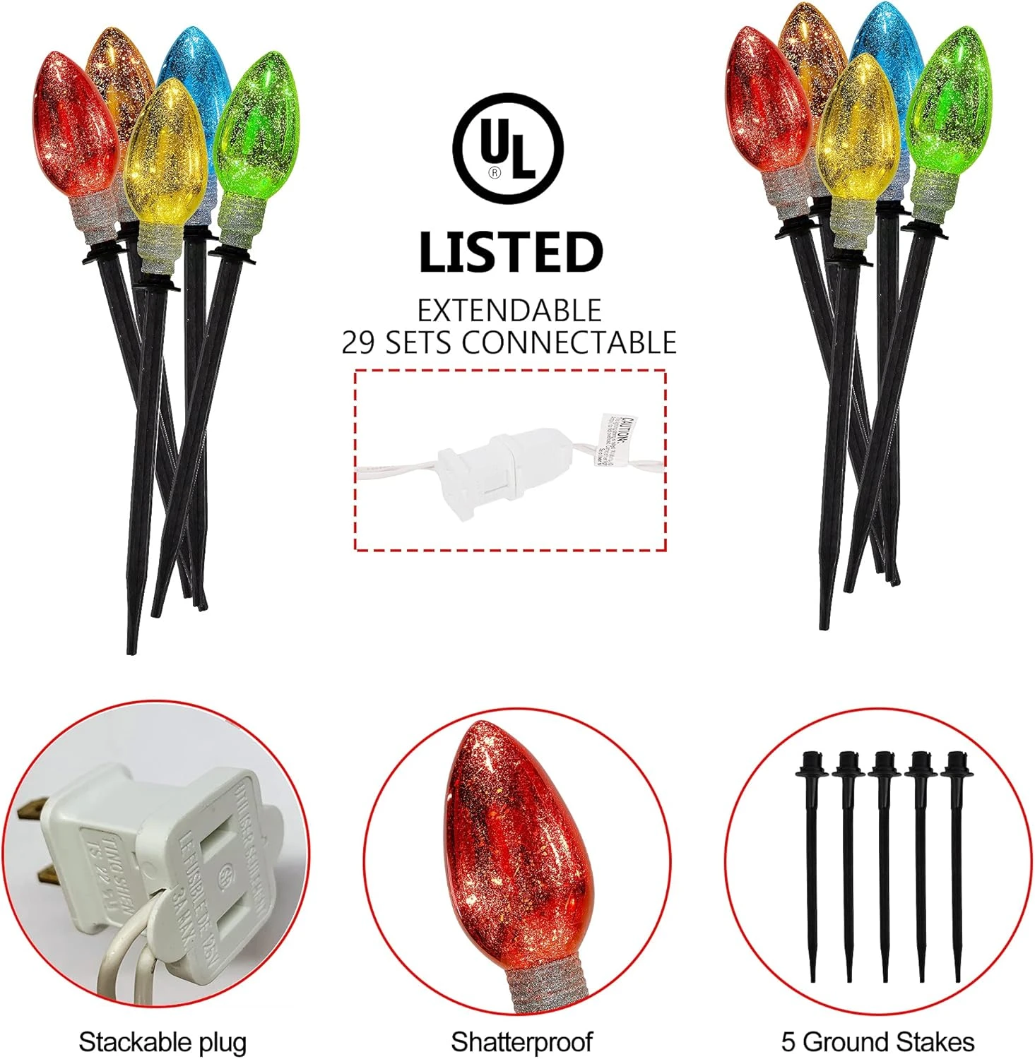 Biswing Christmas Decorations C9 Multicolor Light Bulb With Pathway Markers, Outdoor Xmas Pathway Lights, Connectable & Light Up For Holiday Walkway Patio Garden Lawn Yard Ornament, 5 Pack 6 Biswing Christmas Decorations C9 Multicolor Light Bulb With Pathway Markers, Outdoor Xmas Pathway Lights, Connectable & Light Up For Holiday Walkway Patio Garden Lawn Yard Ornament, 5 Pack - Image 6