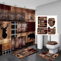 Camille&Andrew 4PCS Cabin Shower Curtain Set, Bear Deer Elk Moose Woodland Animal Hunting Lodge Patchwork Red Black Buffalo Plaid Christmas Country Rustic Farmhouse Bathroom Decor, Non-Slip Bath Mat