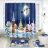 ArtSocket 4 Pcs Shower Curtain Set House Snowy Christmas Landscape Night With Non-Slip Rugs Toilet Lid Cover And Bath Mat Bathroom Decor Set 72" X 72"