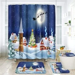 ArtSocket 4 Pcs Shower Curtain Set House Snowy Christmas Landscape Night With Non-Slip Rugs Toilet Lid Cover And Bath Mat Bathroom Decor Set 72" X 72"