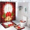 Claswcalor 4 Pcs Merry Christmas Shower Curtain Sets With Non-Slip Rugs, Toilet Lid Cover And Bath Mat, Red Bell Bow Shower Curtains With 12 Hooks For Bathroom Christmas Decoration