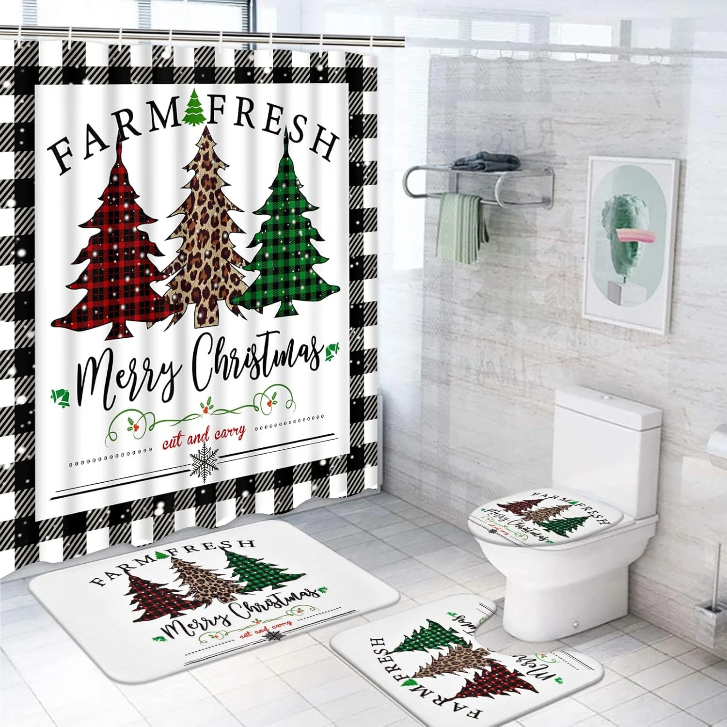 Likiyol 4 Pcs Merry Christmas Shower Curtain Sets With Non-Slip Rugs, Toilet Lid Cover And Bath Mat, Buffalo Plaid Shower Curtain With 12 Hooks, Winter Holiday Tree Shower Curtain 1 Likiyol 4 Pcs Merry Christmas Shower Curtain Sets With Non-Slip Rugs, Toilet Lid Cover And Bath Mat, Buffalo Plaid Shower Curtain With 12 Hooks, Winter Holiday Tree Shower Curtain
