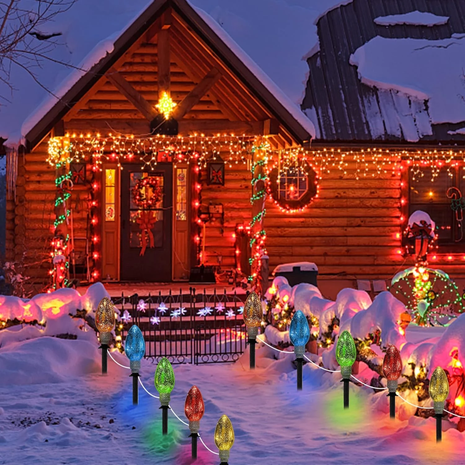 Biswing Christmas Decorations C9 Multicolor Light Bulb With Pathway Markers, Outdoor Xmas Pathway Lights, Connectable & Light Up For Holiday Walkway Patio Garden Lawn Yard Ornament, 5 Pack 2 Biswing Christmas Decorations C9 Multicolor Light Bulb With Pathway Markers, Outdoor Xmas Pathway Lights, Connectable & Light Up For Holiday Walkway Patio Garden Lawn Yard Ornament, 5 Pack - Image 2